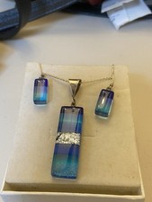 Estate Sterling Silver Dichroic Glass Pendant And Earrings -925