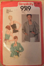 (1980) Simplicity 9319 Sewing Pattern ladies Camisole Top Unlined Jacket cut 14