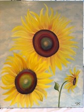 Vintage Delightful Large Framed Original Oil Painting of Sunflowers signed SB
