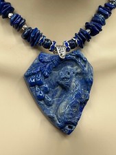 NATURAL HAND CARVED LAPIS LAZULI CAT PENDANT LAPIS CHIP BEAD NECKLACE AND ER SET