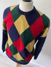 VINTAGE mens OSCAR JACOBSON NAVY MULTI COLOUR ARGYLE WIND STOPPER JUMPER Medium