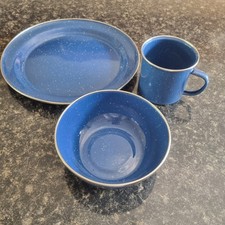 BARGAIN SET ~ Tin bowl, mug, plate - ideal for caravanning camping Guides Scouts