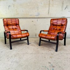 Pair of 1970s Danish Vintage Patchwork Tan Leather Bentwood Chairs #A560