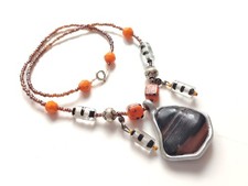 Brown Stone Orange Glass Bead Necklace Bohemian Layering
