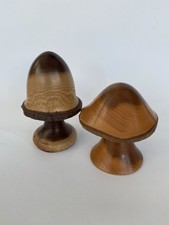 2 x Hand Made Carved Turned Wooden Toadstool Mushroom Rustic Art Craft 1 x Yew