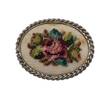 VTG Brooch Sliver-Tone Framed Cross-Stitched Floral Needlepoint Granny Core Pin