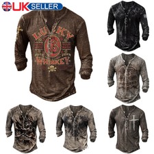 Men's Long Sleeve Vintage V Neck T Shirt Baggy Button Retro Casual Tops Blouse