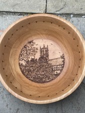 Unusual Wooden Fruit Bowl Pyrography Lincoln Cathedral Treen Signed 