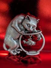 Vintage  JJ Jonette Cat Arm in Fishbowl Articulated PEWTER Pin Brooch - Signed