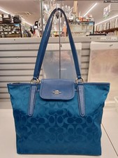 Coach 33475 Ward Signature Nylon Navy Tote Bag With Leather Handles Used