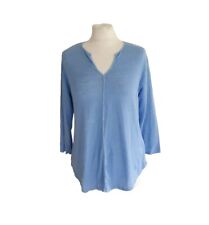 Cut Loose Womens Blue V-Neck 3/4 Sleeve Curved Hem Linen Blend Top - XS/UK 6-8