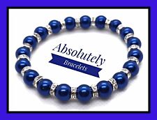 Elastic Glass Pearl & Silver Diamante Rondelle Bead Bracelet - 29+ Colours