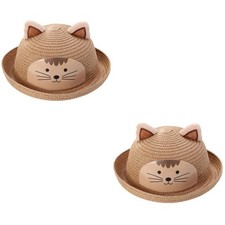 2pcs Kids Summer Beach Hat Cartoon Cat Straw Hat Animal Hat(Khaki)