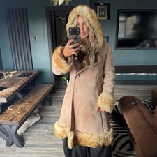 Vintage Bailys long beige hooded real sheepskin shearling fur Coat Jacket Uk 8 