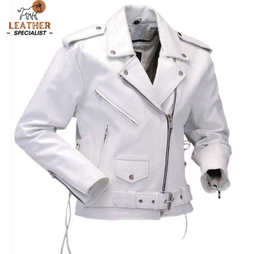 Women white leather biker - women's,