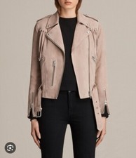 New All Saints Tassel Balfern Suede Leather Biker Jacket Dusty Pink Size UK8