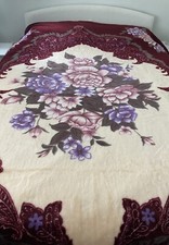 Vintage Style Burgundy Pink Floral Fleece Bed Throw over 200 x 240 cms Double
