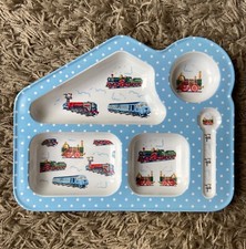 Cath Kidston Blue Spotty Trains Melamine Dinner Plate Sectioned Tray Childs Kids