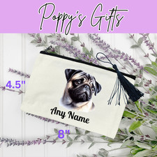 PERSONALISED  PUG  ANY NAME CREAM CANVAS  ZIPPER MAKEUP  BAG FREE TASSEL