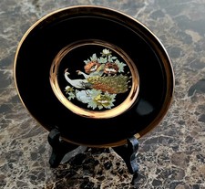Decorative Chokin  Plate on stand displaying  a Pair Of  Peacocks 24ct Gold Edge