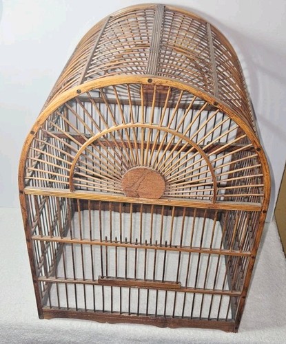 Vtg bamboo bird cage wooden - cage,