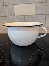 Vintage Enamel Chamber Pot/Planter 9" White Blue