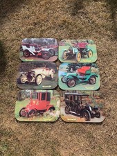 Vintage Set of 6 Classic Car Table Mats / Place Mats / Tin over Cork
