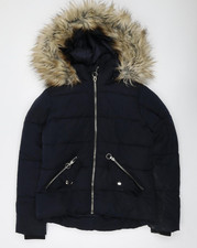 Topshop Women's Black Puffer Jacket, Size 8, Fur Trim