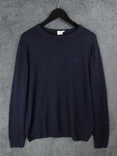 Sunspel Jumper Mens XL Blue Navy 100% Meirno Wool Knit Logo Pullover
