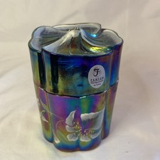 Signed Fenton Glass Purple Iridescent Jar Canister Hand Painted Flowers Lily VGC