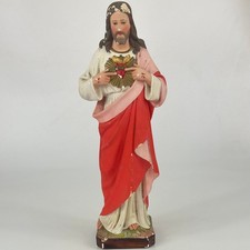 Vintage French Religious Sacred Heart Of Jesus Coloured Plaster Statue Figure