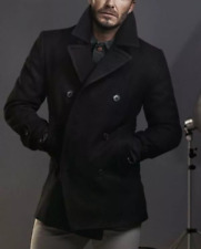 MENS CLASSIC DOUBLE BREASTED VINTAGE NAVY MARINE PEA BLACK WOOL COAT