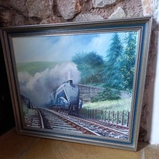 Outstanding Vintage Oil on Canvas Steam Locomotive Golden Eagle 4482 Rob Johnson