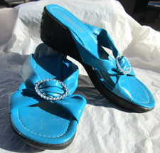 NEW Bonita wedge heels shoes slides size 6 turquoise 2" high rhinestone buckle