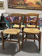 Vintage Set of 4 French Oak Mid Century Rattan / Straw Bistro Dining Chairs