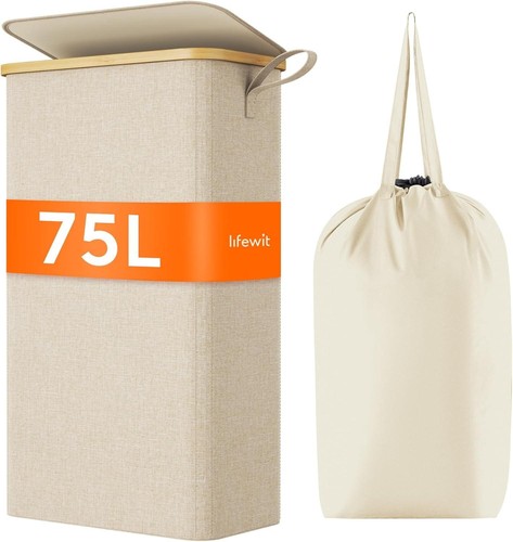 65l beige slim laundry hamper - 65l,
