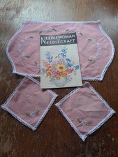 Vintage 1950's Pink Linen Hand Embroidered Dressing Table Set