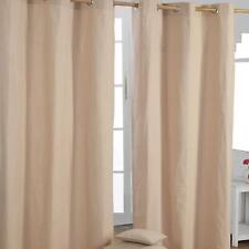 Natural Beige Eyelet Curtain Pair Plain Ready Made Heavy Unlined Curtains
