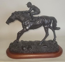 Vintage Bronze Resin Model of a Jockey on a Galloping Racehorse #90 Wood Mount