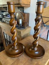 Pair Antique 19th cent Oak Barley Twist Candlestick holders 12" tall