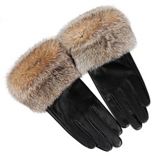 Women's Genuine Leather Gloves Rabbit Fur Trim Cuff Velvet Lined Winter Driving