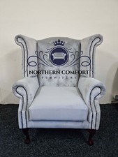 Chesterfield Queen Anne Wing Back Chair in Silver Plush Velvet