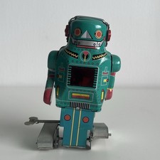 14cm Vintage Blue Robot Space Tin You Mechanical In Working Condition