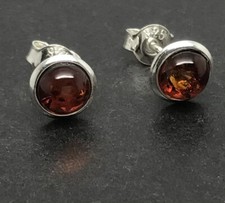 Cognac amber stud earrings Solid Sterling silver. Round. Small. 6mm. New. Box.