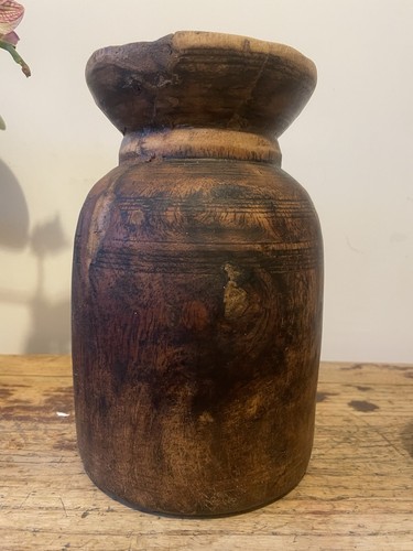 Antique indian wooden matka - antique,