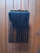 Biba Classic Black Velvet Suede Art Deco Tassel Fringe Clutch Party Bag & Cruise