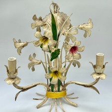 Vintage Italian 3 Arm Toleware Ceiling Light with Metal Leaves & Metal Flowers