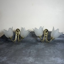 2 Brushed Brass Wall Lights With Glass Shades. Pre Owned