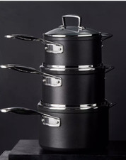 3 PIECE Le Creuset Toughened Non-Stick Saucepan & Lid Set, Black (RRP £409)
