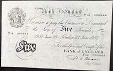 Bank of England June 1952 P.S.Beale White Five Pound Note aUNC Low Number 000944